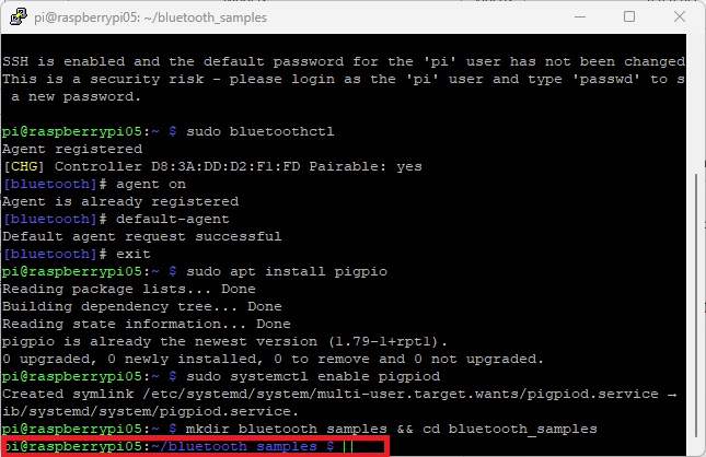 Creating and moving to the bluetooth_samples folder on a Raspberry Pi