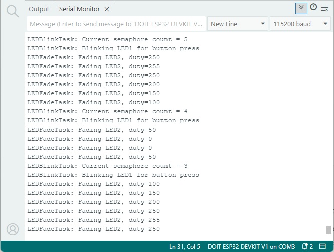 ESP32 counting semaphore - Serial Monitor Example Demonstration