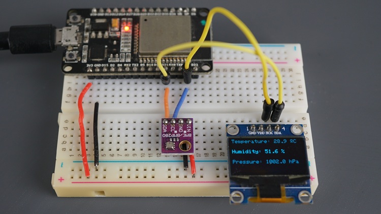 ESP32 Display BME280 Sensor Readings on OLED Display using FreeRTOS queues