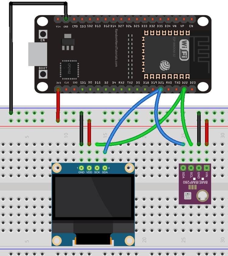 ESP32 circuit with OLED Display and BME280 connected to the ESP32 default I2C pins