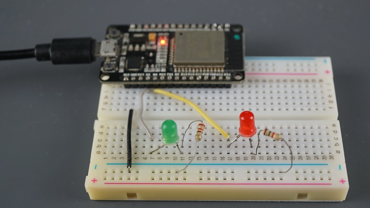 ESP32 running two FreeRTOS tasks- blinking two LEDs at different rates