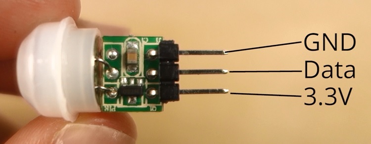 AM312 PIR motion sensor pinout: GND, Data, 3.3V