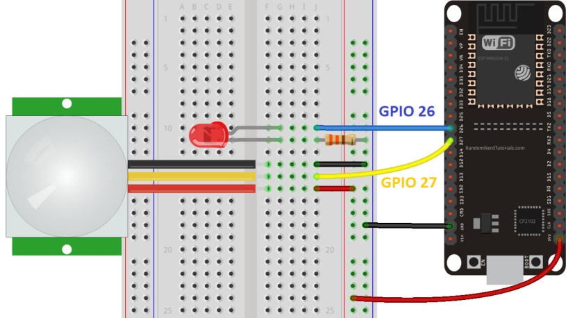 ESP32 connected to a PIR motion sensor and an LED