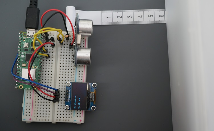 MicroPython Raspberry Pi Pico with HC-SR04 Ultrasonic Sensor Module with OLED display