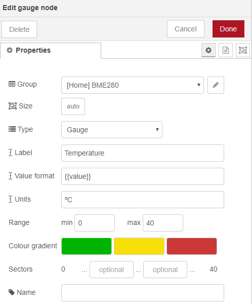 ESP8266 NodeMCU Gauge Temperature Node-RED Flow