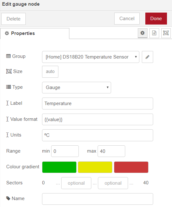 Gauge Node ESP32 Publish Temperature Node-RED Flow