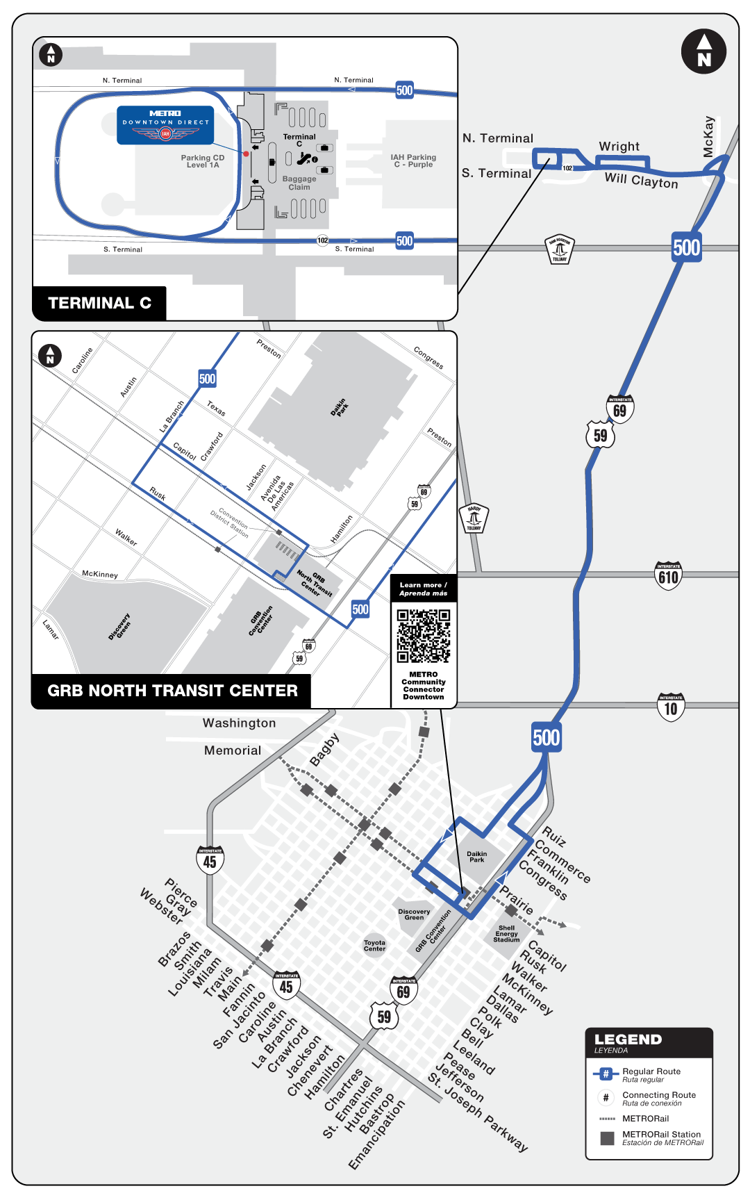 Route Map for 500 IAH Downtown Direct bus.