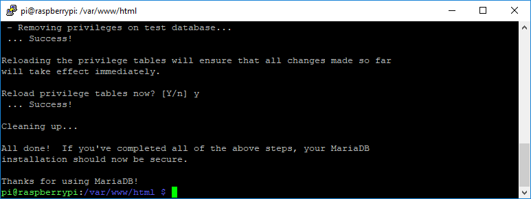 Raspberry Pi MySQL Database-MariaDB Final Secure Installation