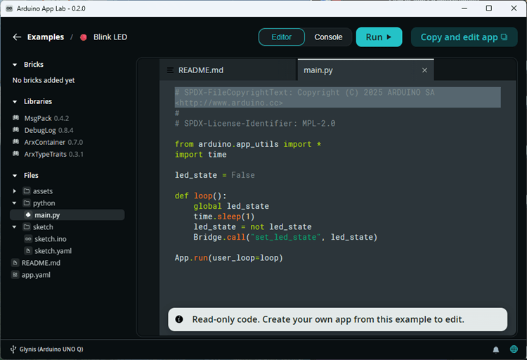 Blink LED App - Python script - Arduino App Lab