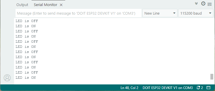 Serial Monitor showing the current state of an LED - testing FreeRTOS periodic timers