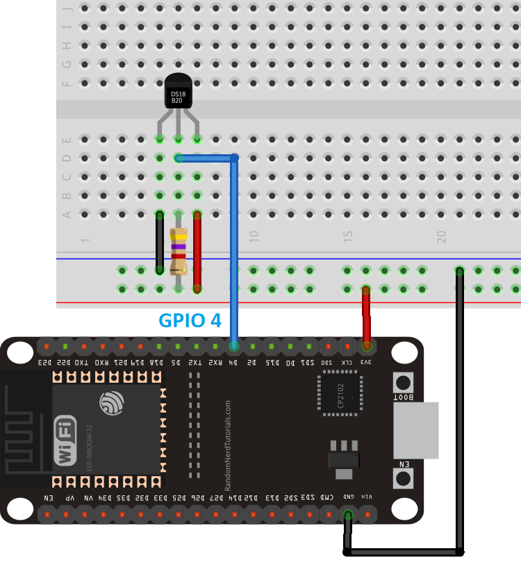 ESP32 DS18B20 Temperature sensor connected GPIO 4 schematic circuit diagram