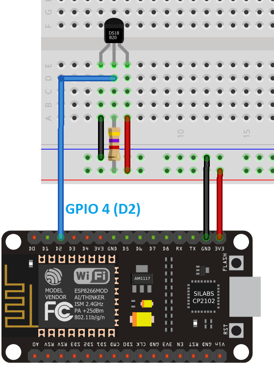 Wire ESP8266 NodeMCU to DS18B20 Temperature Sensor Schematic Diagram