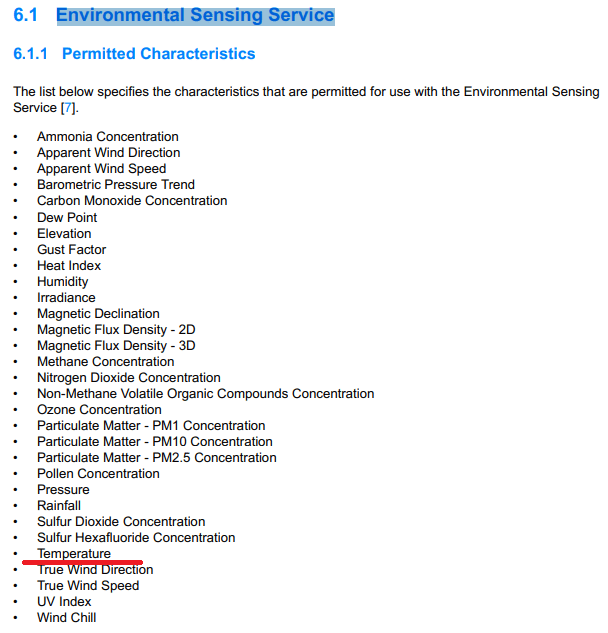 Characteristics supported by the environmental sensing service