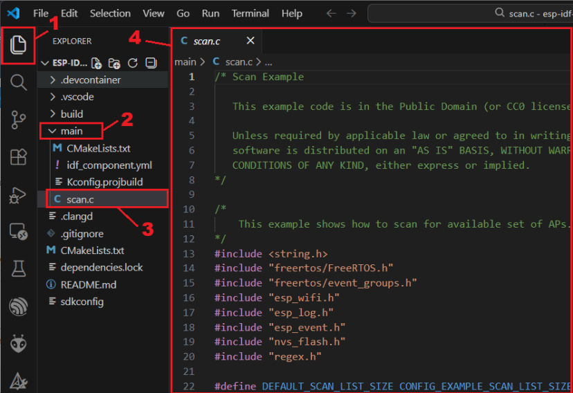 ESP-IDF ESP32 Wi-Fi Scanner Open scan.c file VS Code