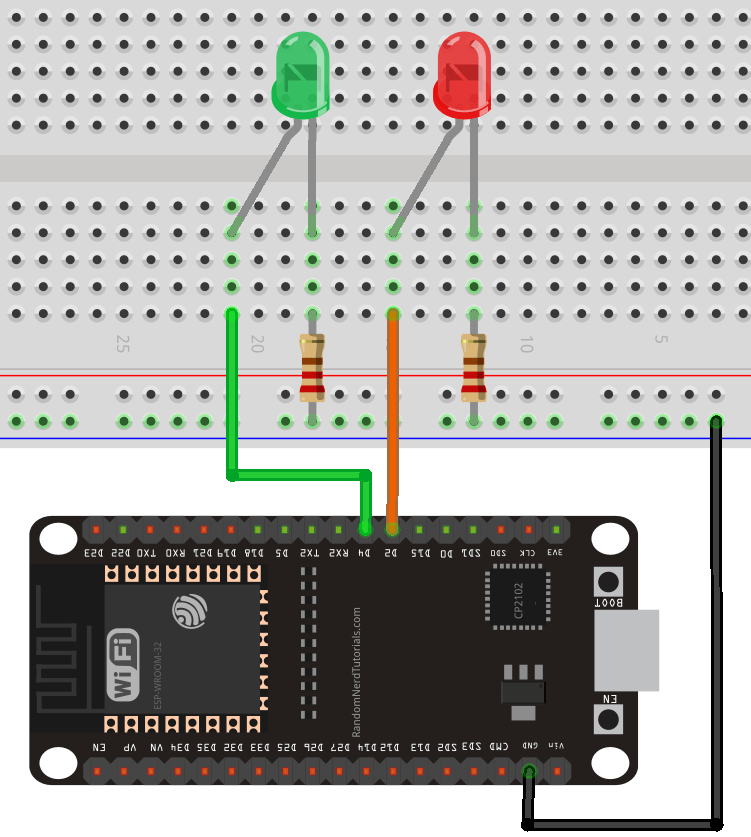 Two LEDs connected to the ESP32 - one LED connected to GPIO2 and another connected to GPIO4