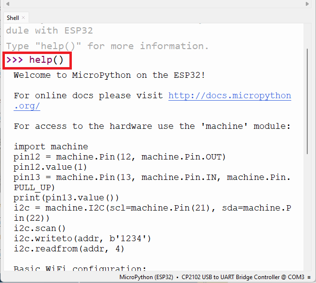 ESP32 help command in MicroPython using Thonny IDE