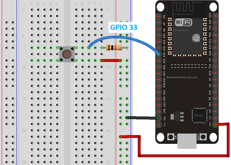 ESP32 pushbutton connected to gpio 333