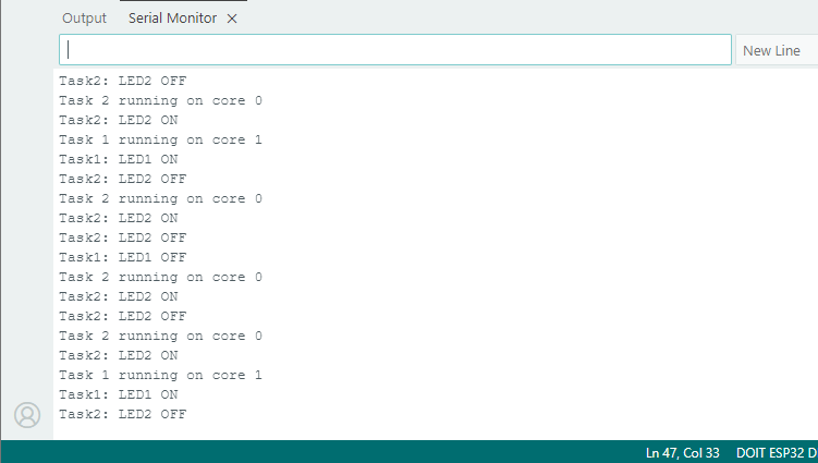 ESP32 running tasks on two cores - Serial Monitor Demonstration