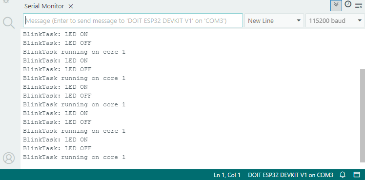 ESP32 running a single task using freertos - Serial Monitor demonstration