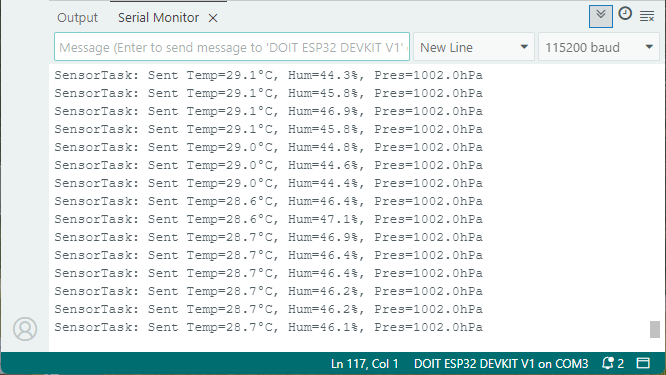 ESP32 Sensor Task (FreeRTOS) displayed on the serial monitor every two seconds
