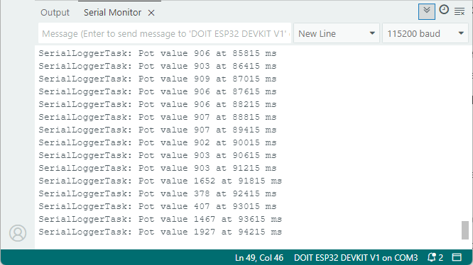 Esp32 with a freertos task that prints data to the Serial Monitor - demonstration