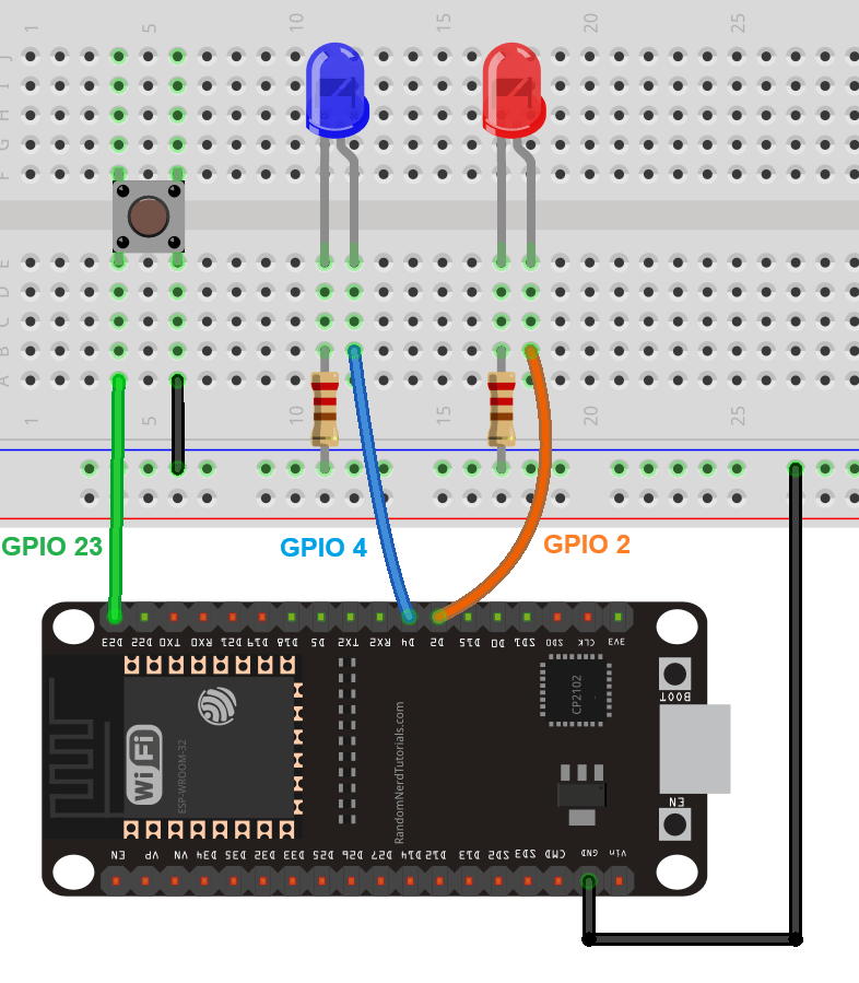 ESP32 with two LEDs and one pushbutton schematic diagram