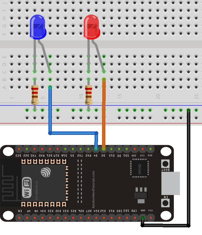 Circuit Diagram of an ESP32 connected to GPIO 2 and GPIO 4