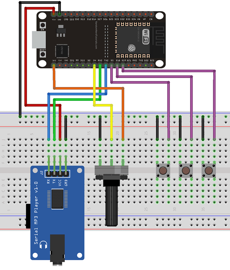 ESP32 YX5300 YX6300 MP3 Player with Button Controls Wiring Circuit