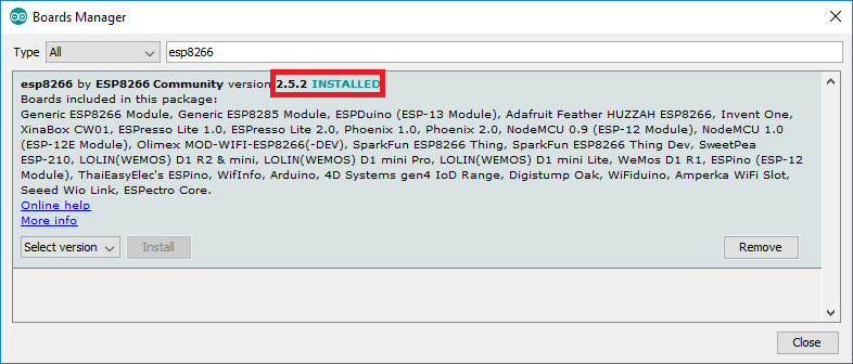 ESP8266 Board add-on in Arduino IDE installed