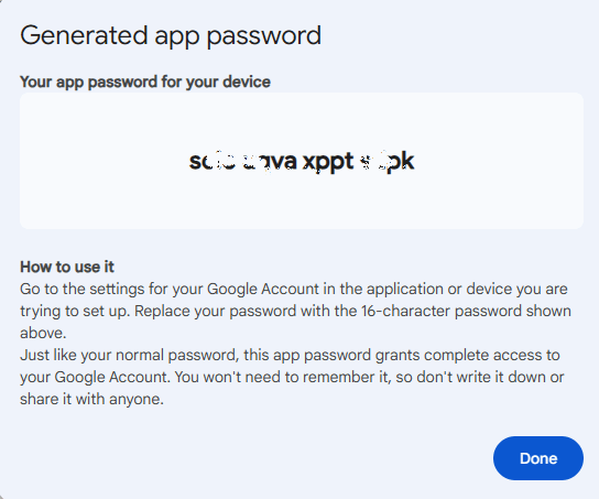 Generated app password Gmail