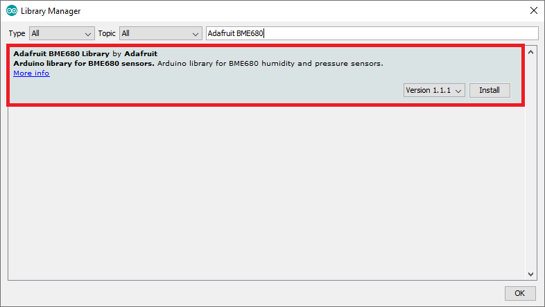 Install BM6280 Adafruit Library Arduino IDE Library Manager