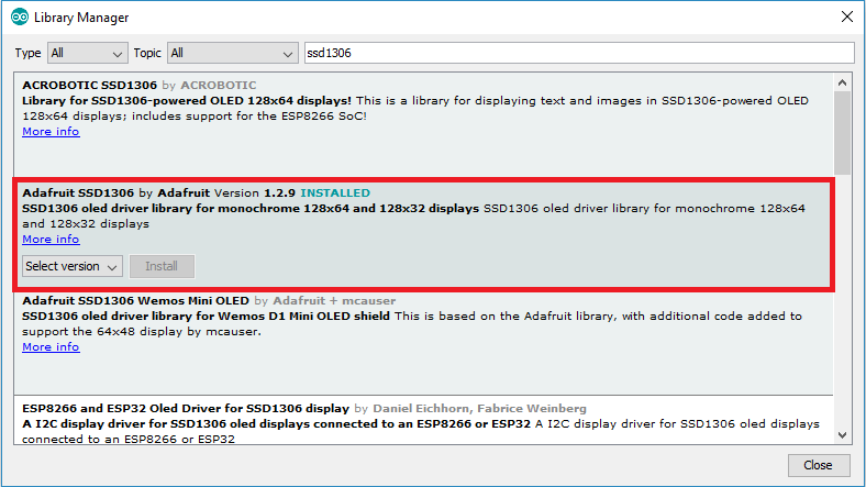 Installing SSD1306 OLED Library