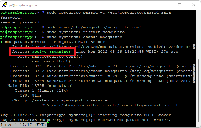 Mosquitto broker running on the RPi