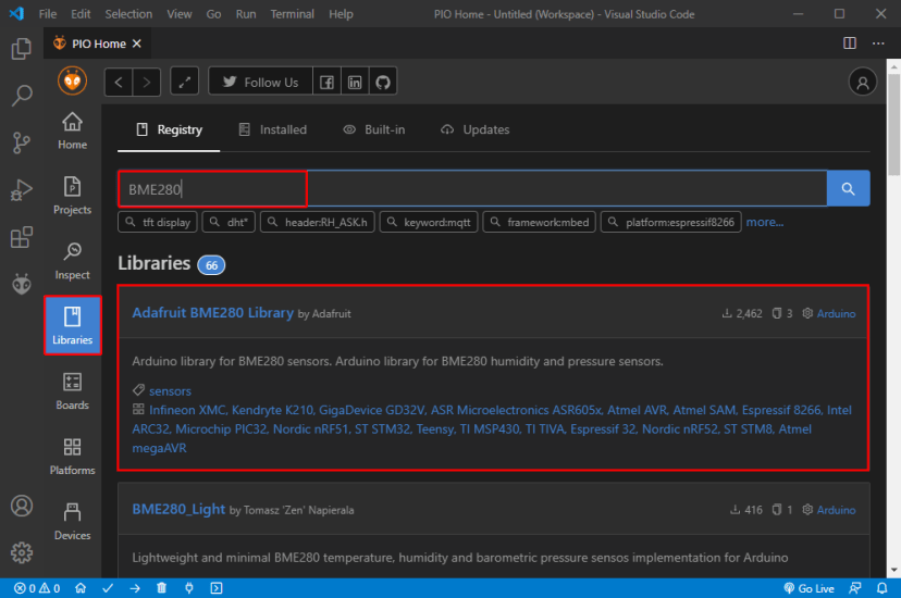 PlatformIO VS Code Search for BME280 Library