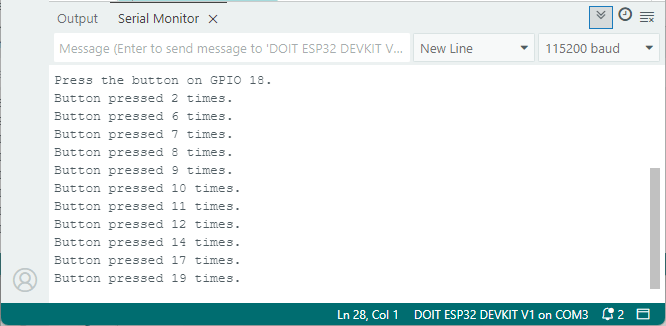 ESP32: detecting pushbutton presses with an interrupt without debouncing - results on the Serial Monitor