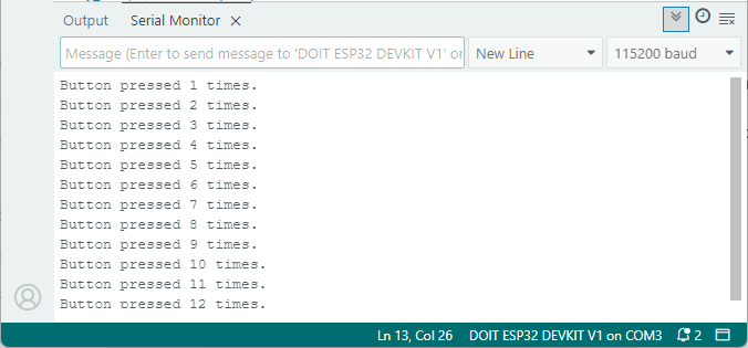 ESP32: detecting pushbutton presses with an interrupt with debouncing - results on the Serial Monitor