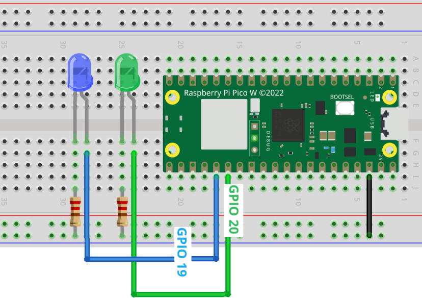 Raspberry Pi Pico W wiring two LEDs circuit diagram