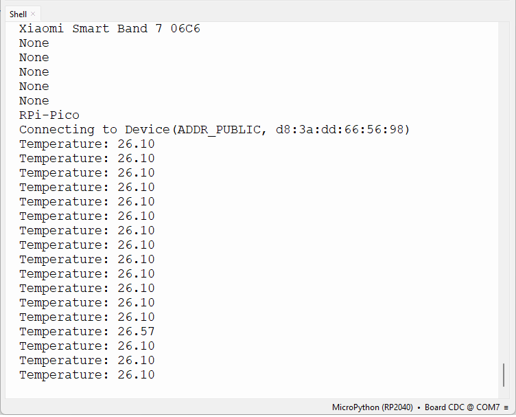 RPi Pico as a BLE Client Reading BLE Characteristic and displaying it on the Thonny IDE shell