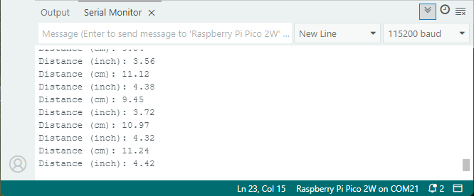 RPi Pico with ultrasonic sensor - readings displayed on the serial monitor