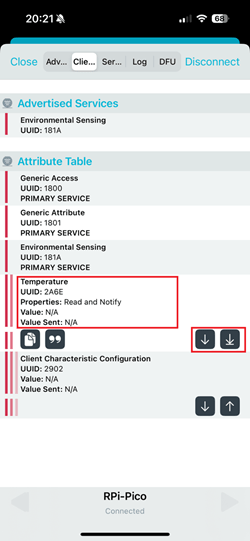 RPi Pico as BLE Device- Read Temperature characteristic on nRF connect app