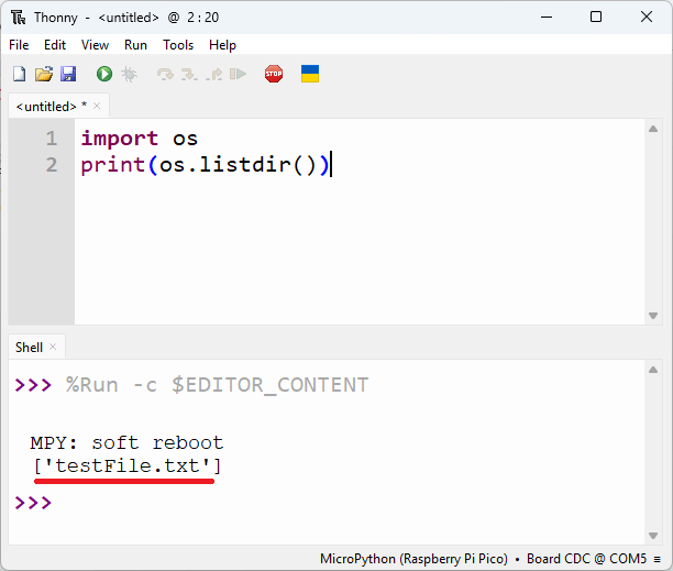 RPi Pico on Thonny IDE - list files