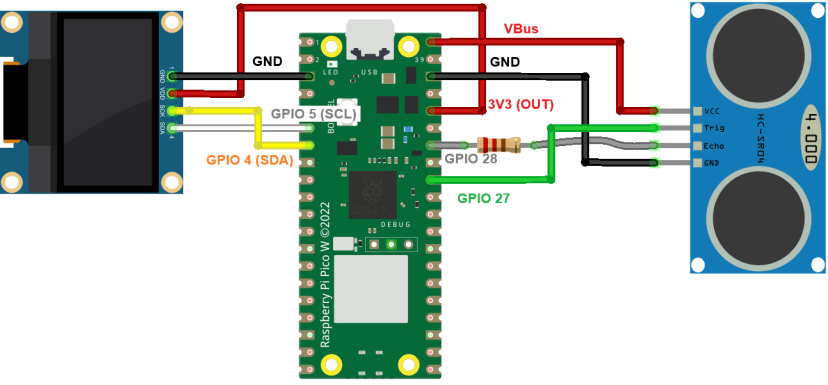 Raspberry Pi Pico Ultrasonic Sensor and OLED Display - Wiring Diagram