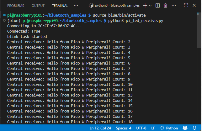 Raspberry Pi Receiving BLE messages from the RPi Pico - terminal window