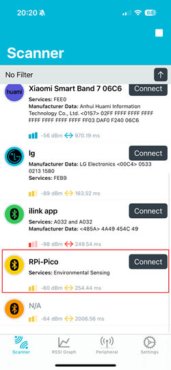 Scanning the RPi Pico - BLE Device NRF Connect App