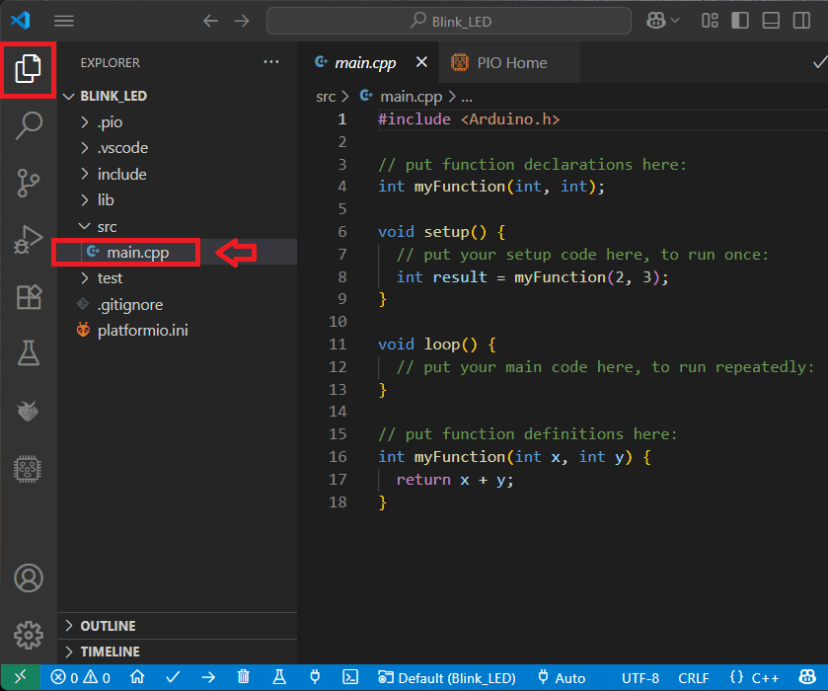 VS Code pioarduino IDE open main c file default