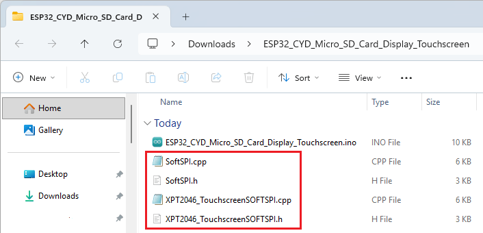 XPT2046_TouchscreenSOFTSPI library files Arduino IDE Project Folder structure